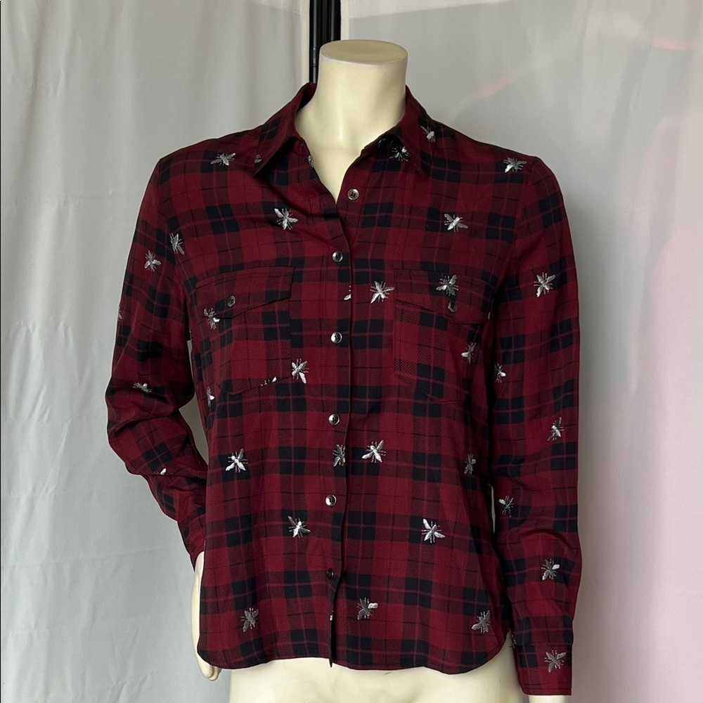 Nanette Lepore The Kooples plaid embroidered bee button-up hi/low shirt